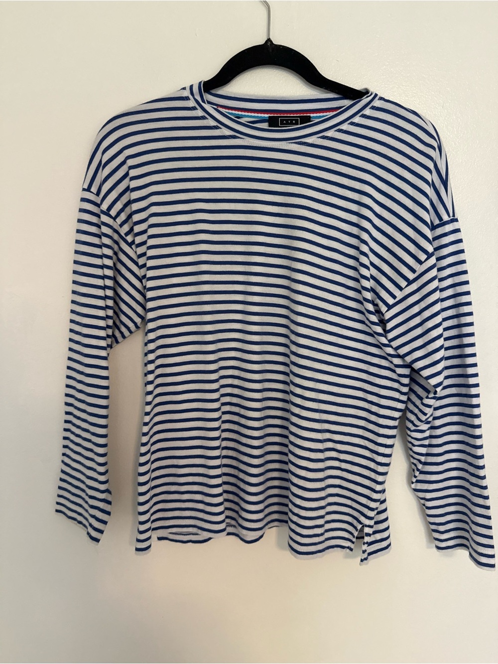 AYR Blouse Port Tee Long Sleeve Crewneck in Striped Blue - Picture 2 of 4